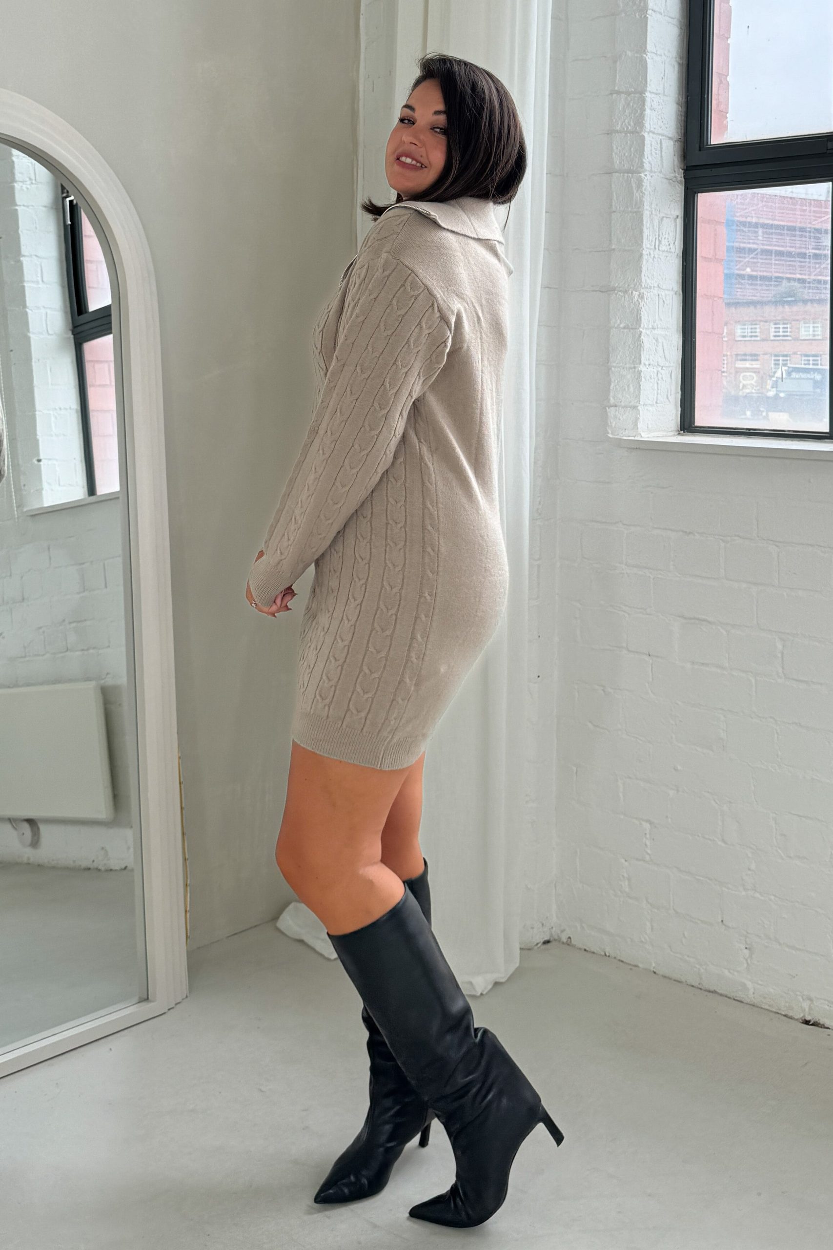 Hayes 1/4 Zip Camel Cable Knit Jumper Dress - Image 7