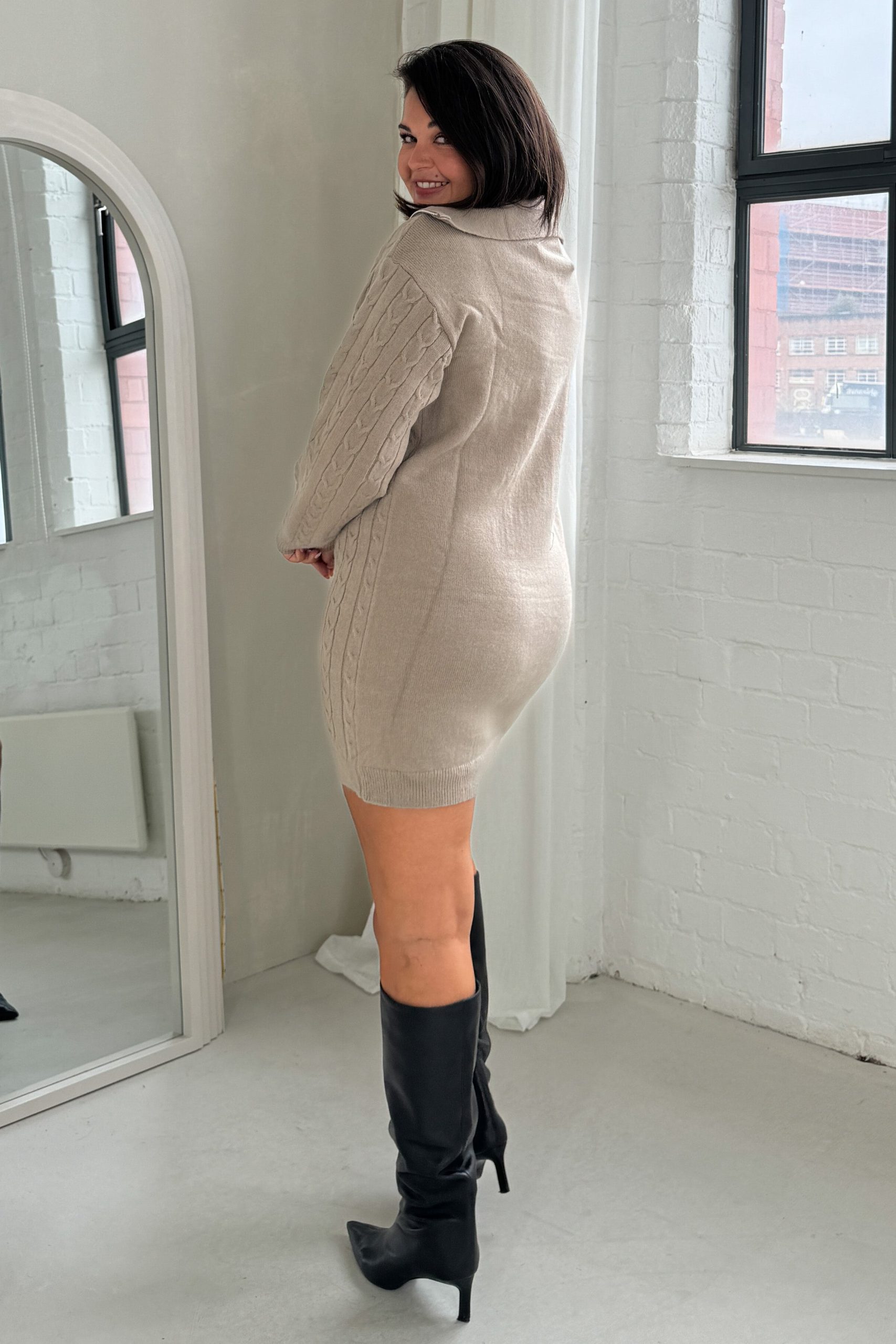 Hayes 1/4 Zip Camel Cable Knit Jumper Dress - Image 9