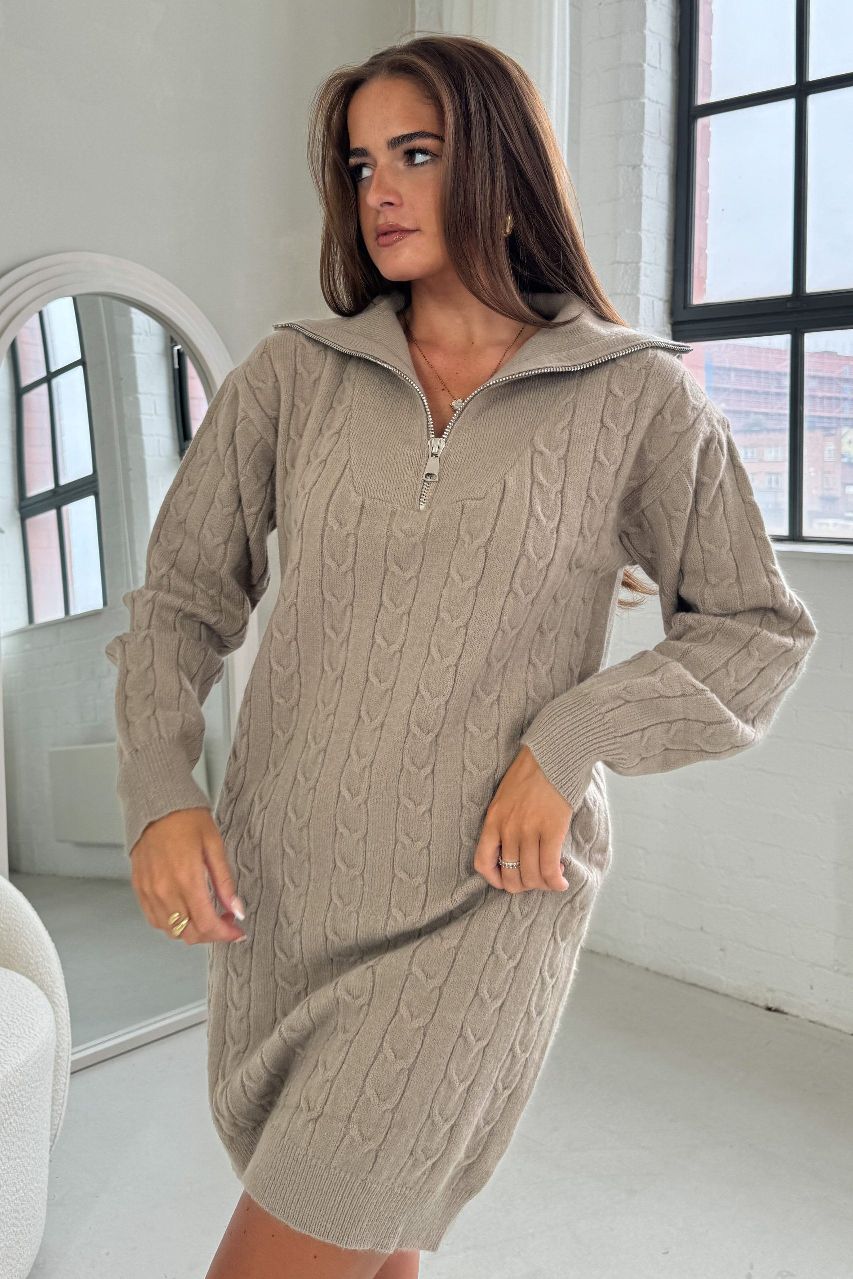 Hayes 1/4 Zip Camel Cable Knit Jumper Dress