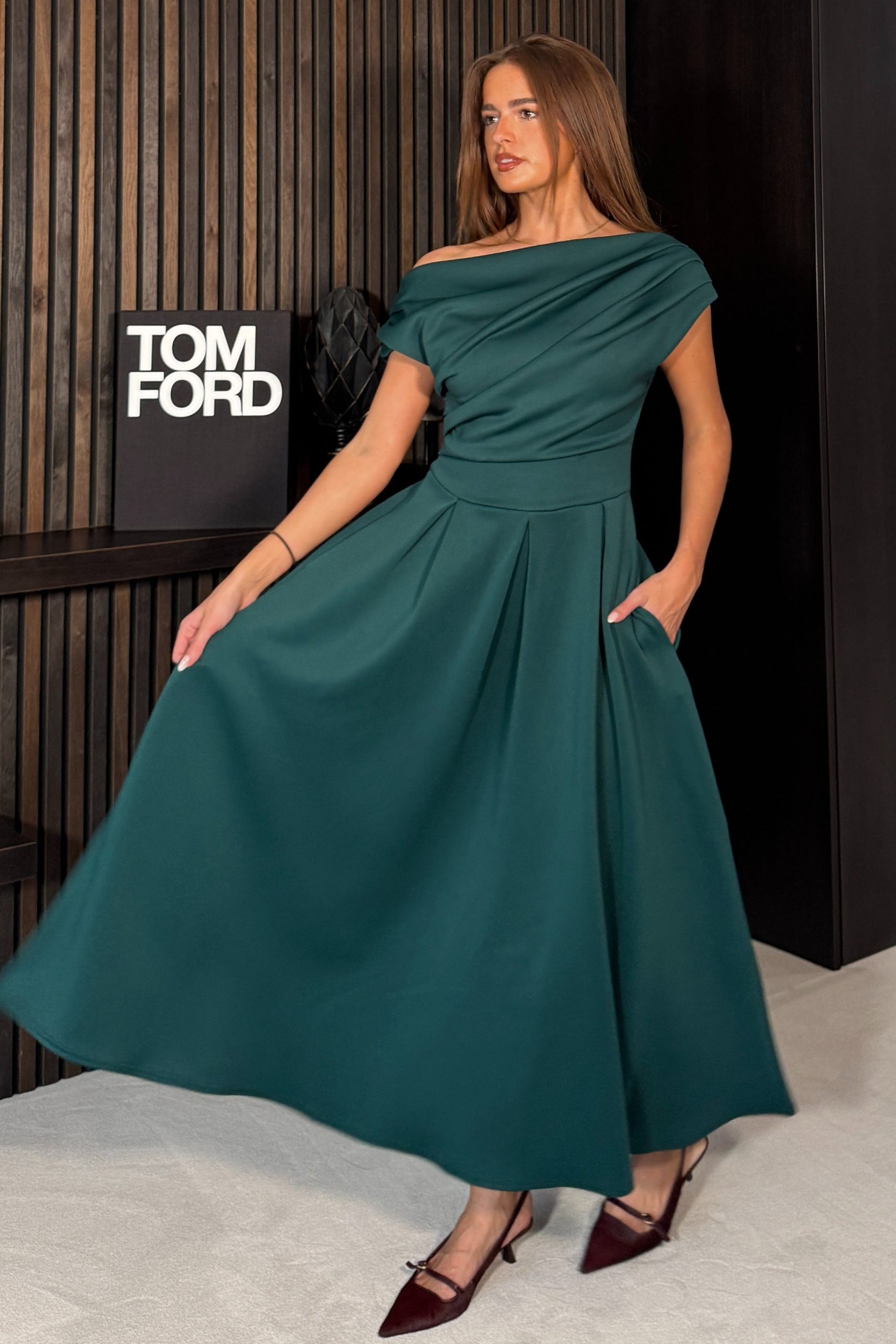 Betty Asymmetric Neckline Skater Midi Emerald - Image 3