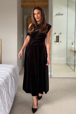Betty Asymmetric Neckline Skater Midi Black Velvet