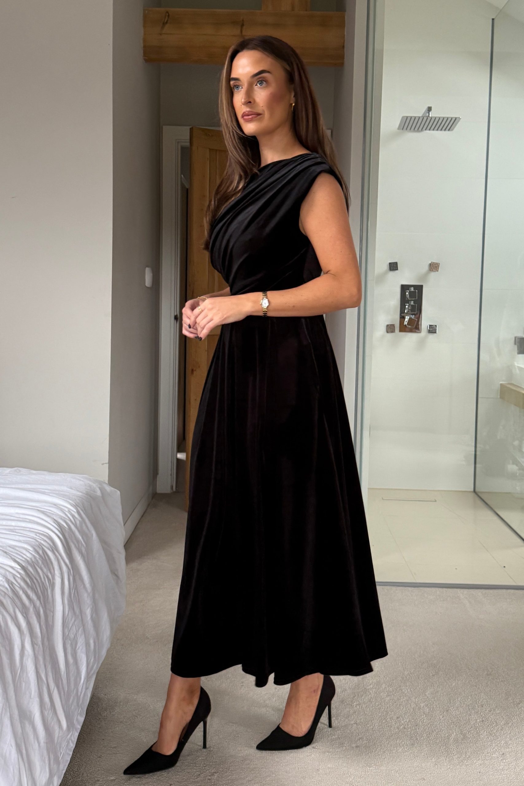 Betty Asymmetric Neckline Skater Midi Black Velvet - Image 4