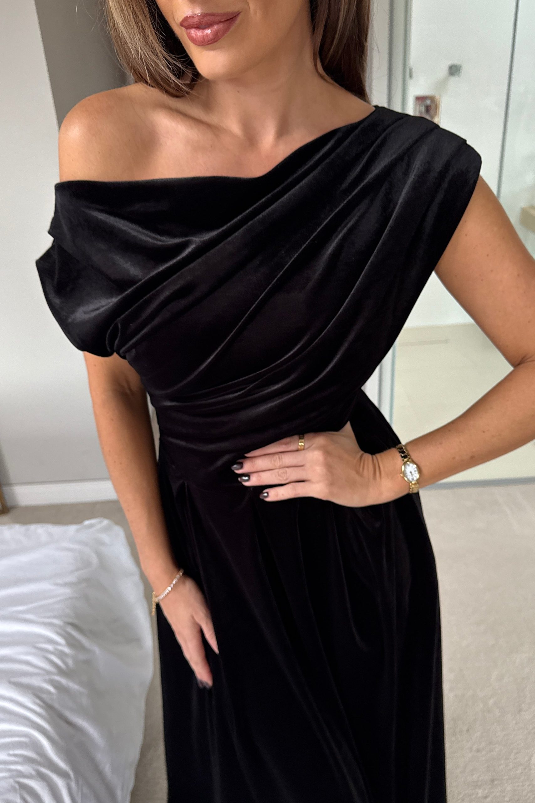 Betty Asymmetric Neckline Skater Midi Black Velvet - Image 2