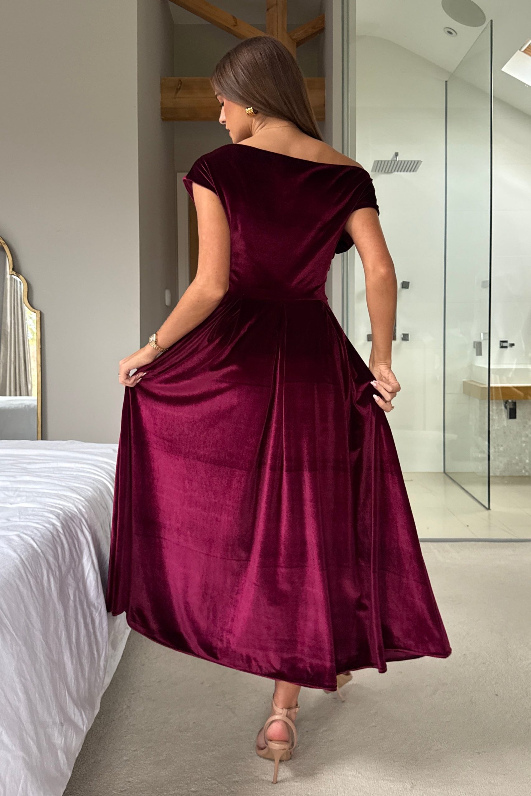 Betty Asymmetric Neckline Skater Midi Berry Velvet - Image 5