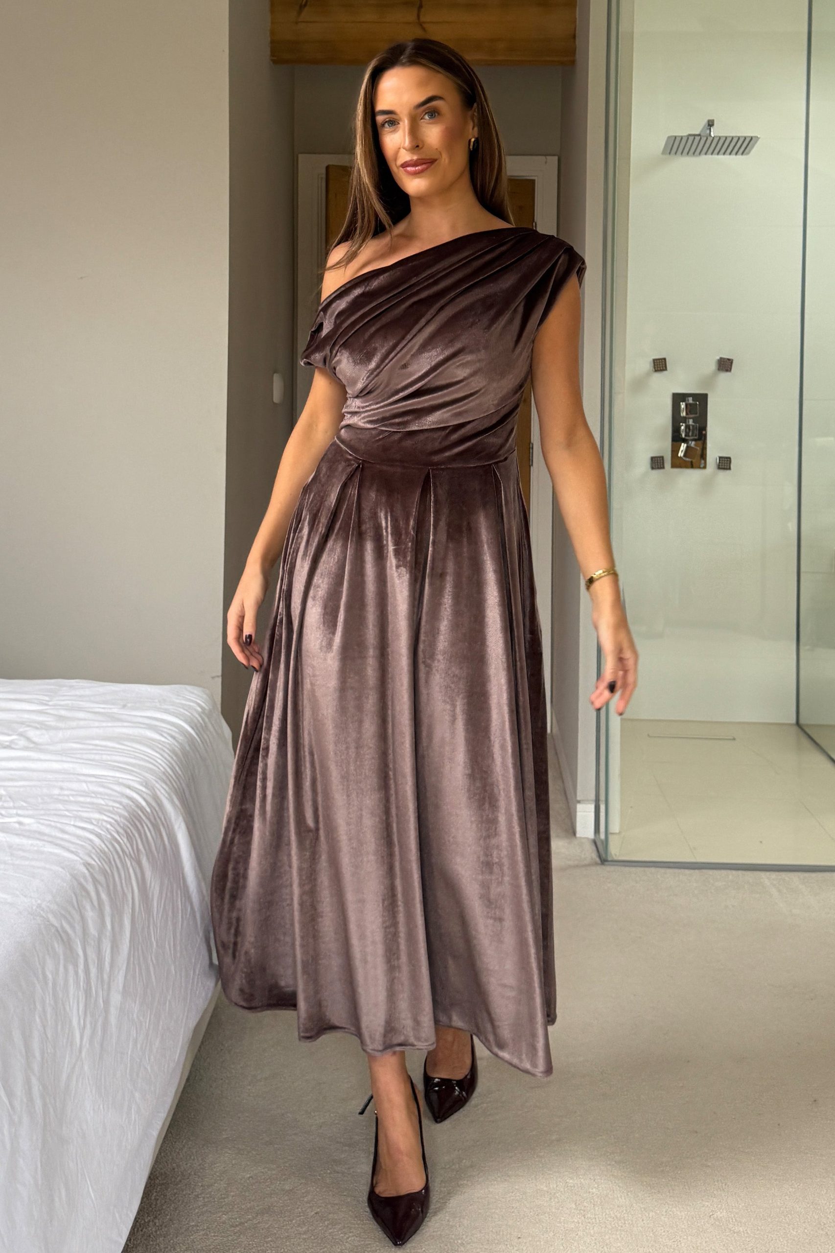 Betty Asymmetric Neckline Skater Midi Brown Velvet - Image 4