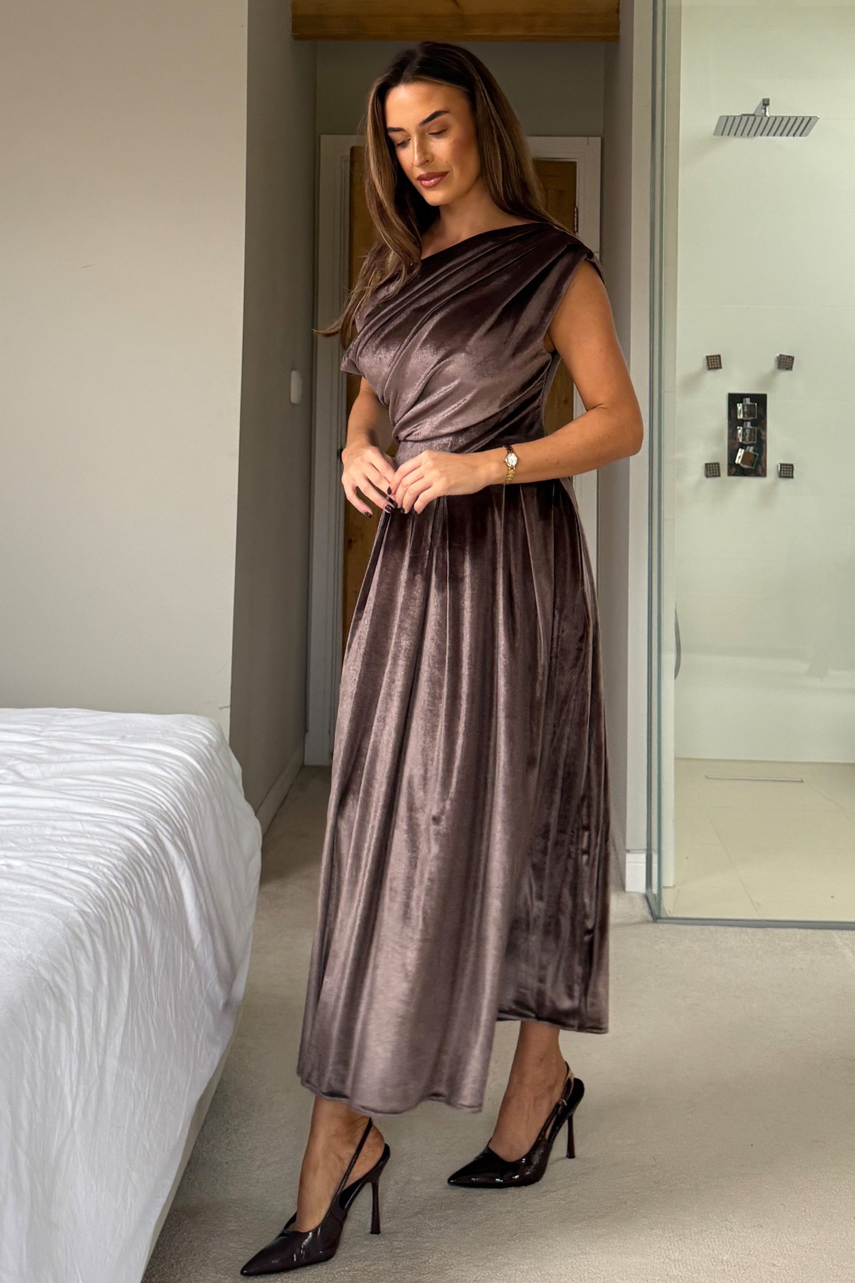 Betty Asymmetric Neckline Skater Midi Brown Velvet - Image 5