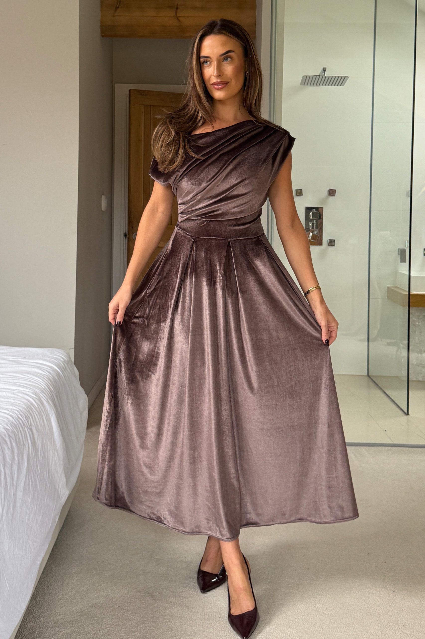 Betty Asymmetric Neckline Skater Midi Brown Velvet