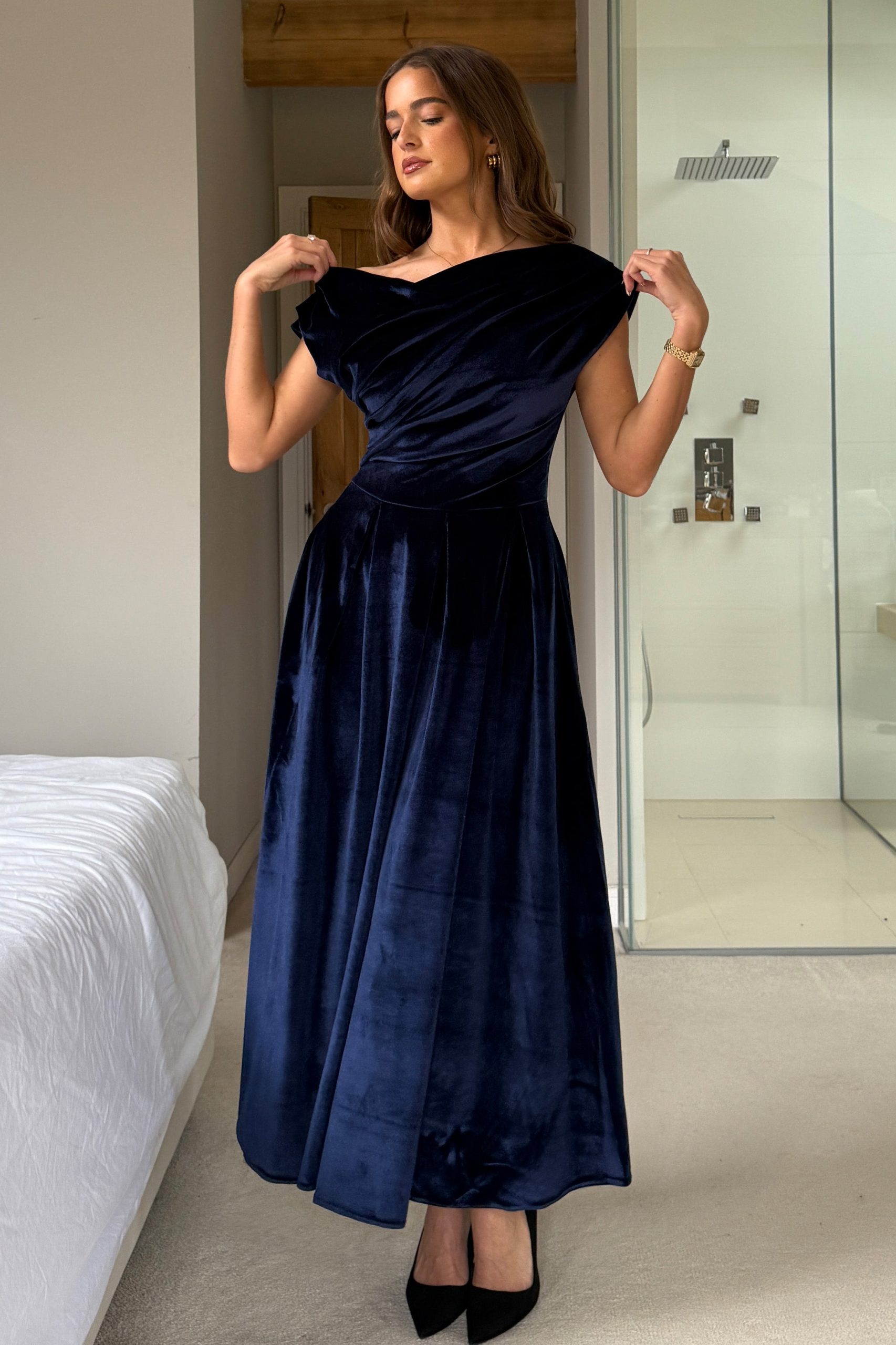 Betty Asymmetric Neckline Skater Midi Navy Velvet - Image 4