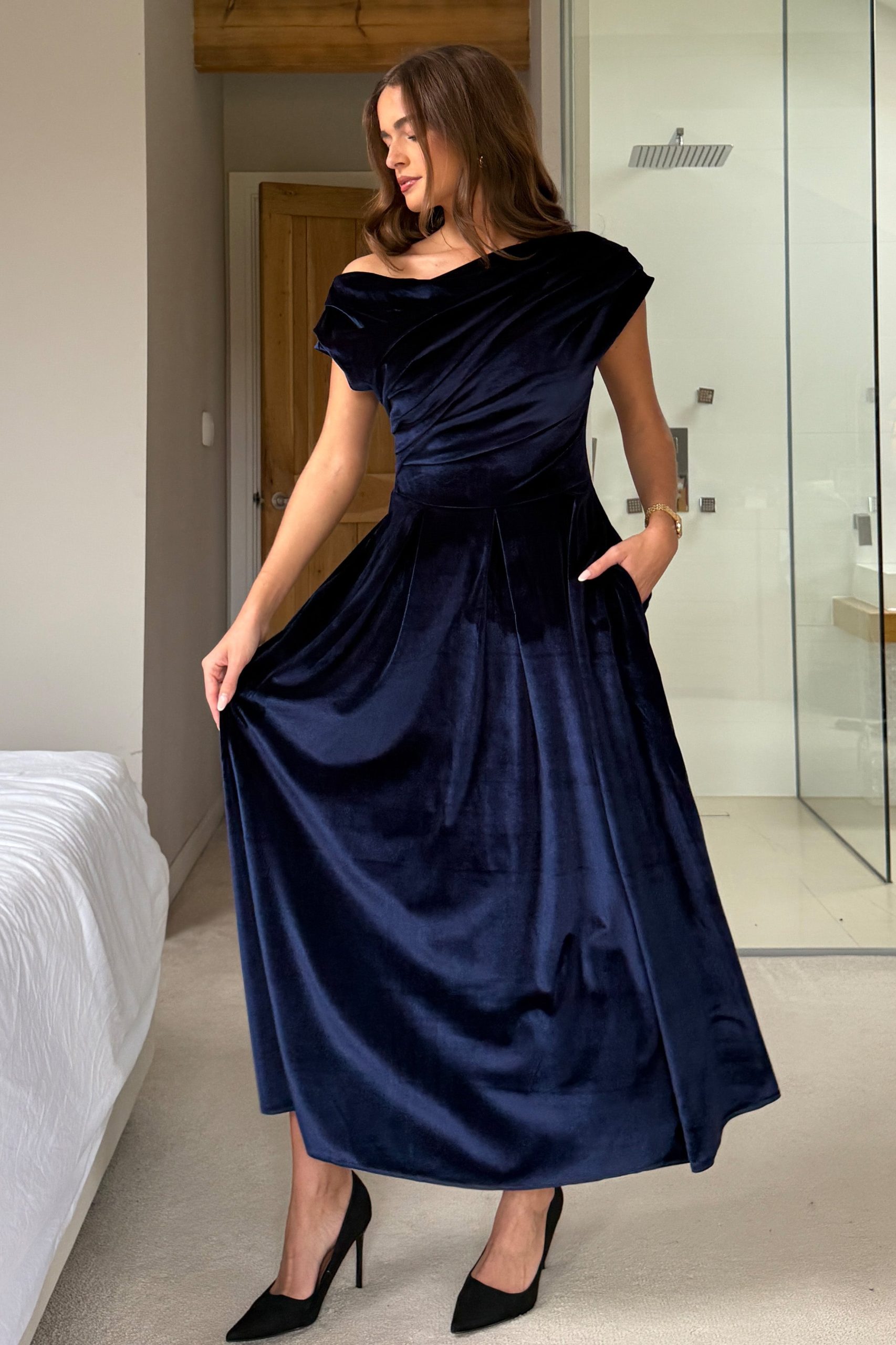 Betty Asymmetric Neckline Skater Midi Navy Velvet - Image 5