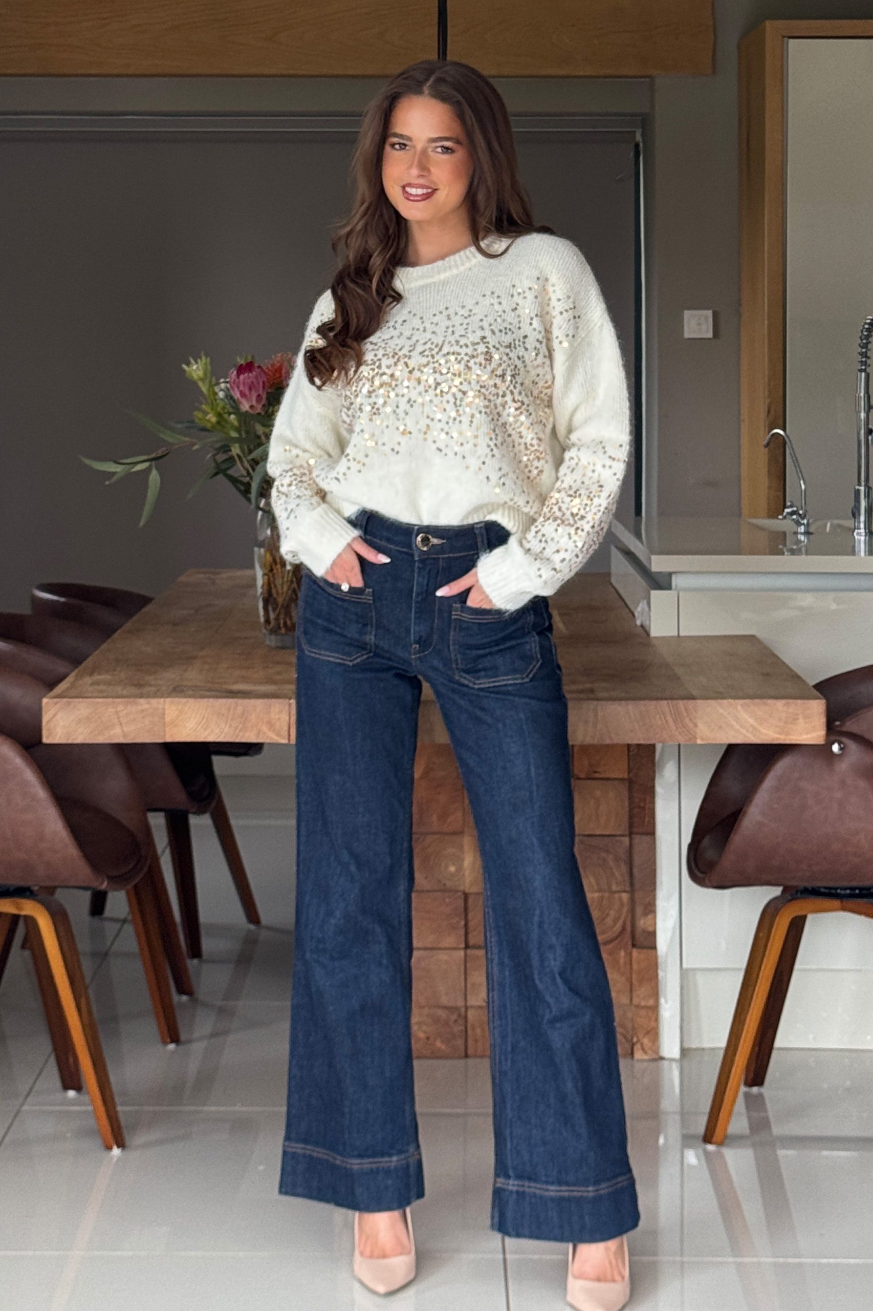 Hina Sequin Knit Jumper Cream - Image 2