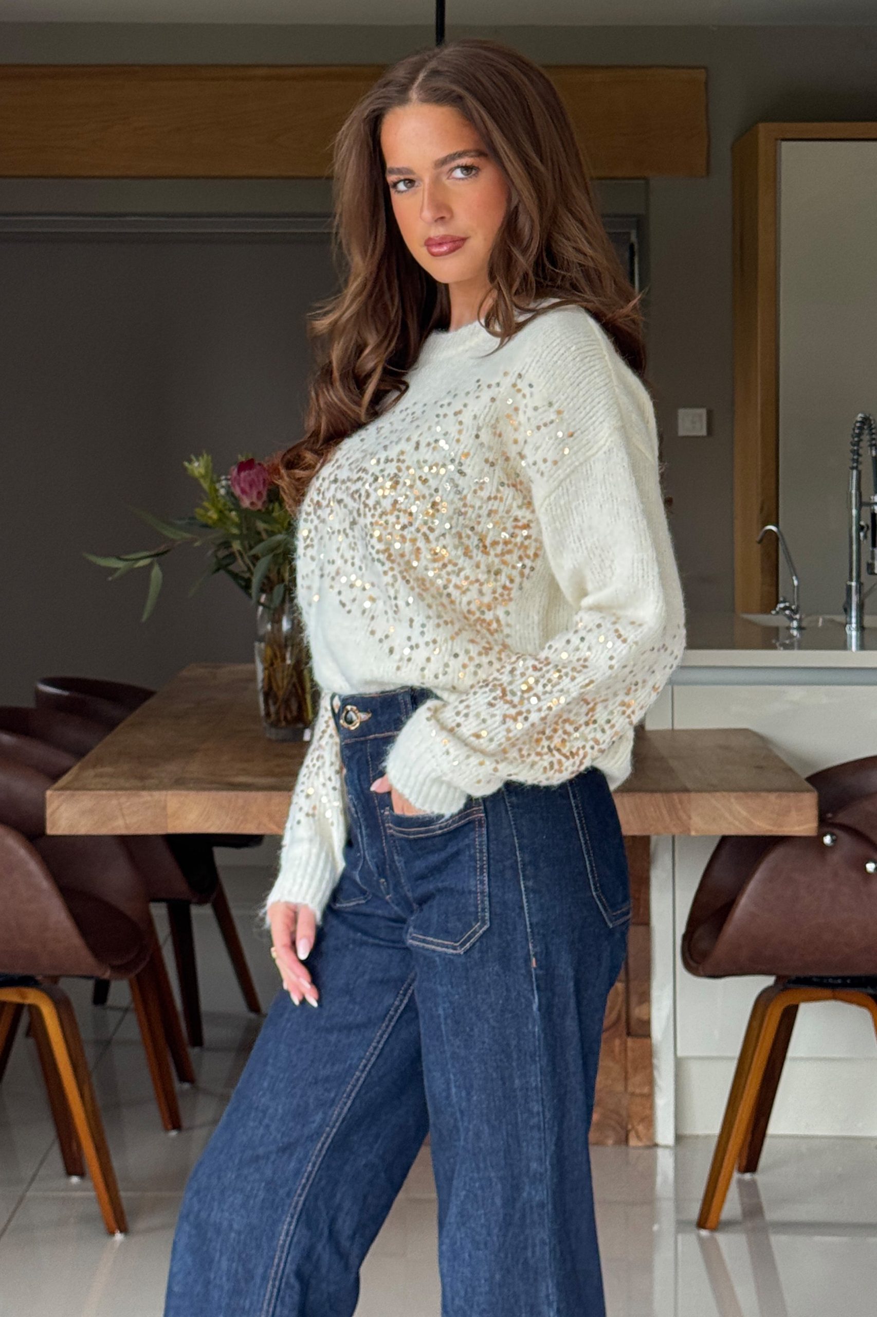 Hina Sequin Knit Jumper Cream - Image 5
