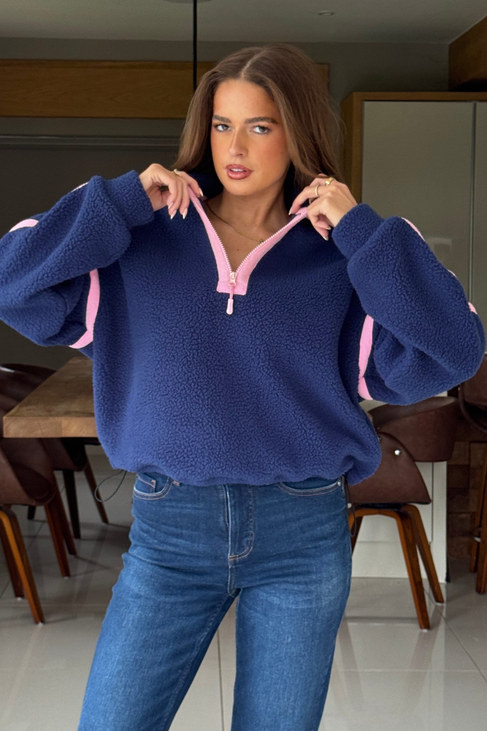 Lulu Contrast Binding 1/4 Zip Fleece Navy - Image 3