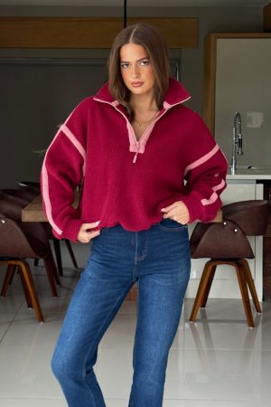 Lulu Contrast Binding 1/4 Zip Fleece Berry