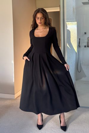 Evie Square Neck Long Sleeve Midi Dress Black