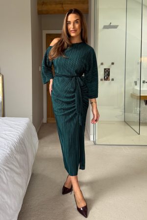 Vendy Off The Shoulder Ruched Detail Midi Dress Emerald