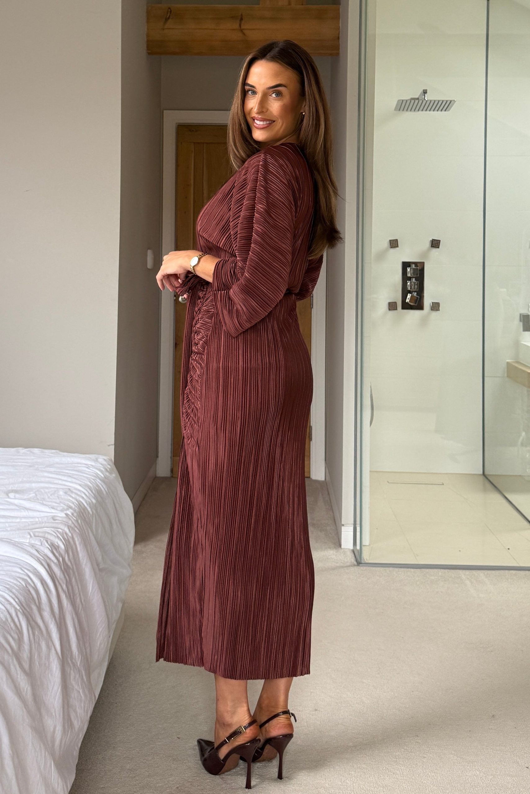 Vendy Off The Shoulder Ruched Detail Midi Dress Brown - Image 5