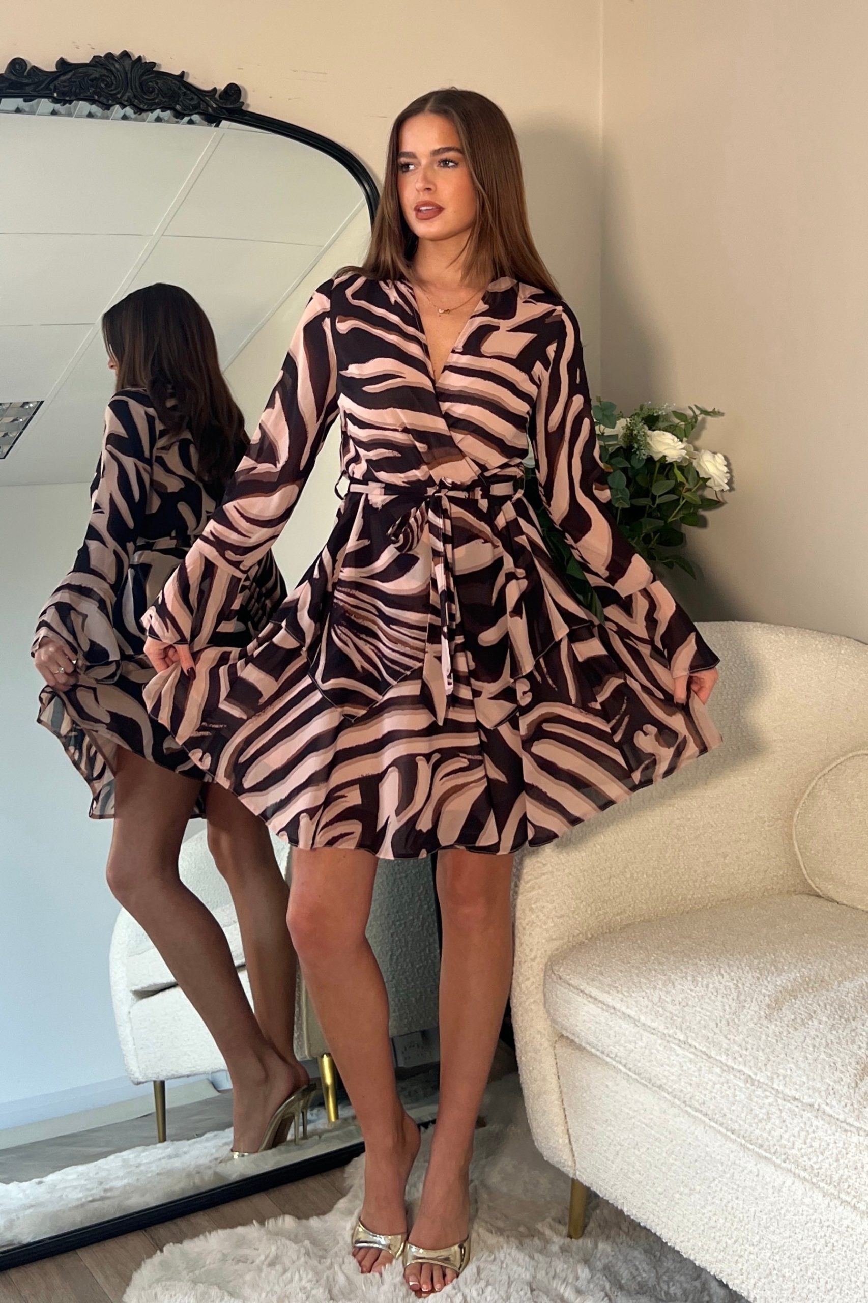 Susie Tiered Skirt Flared Sleeve Mini Dress Brown Zebra - Image 3