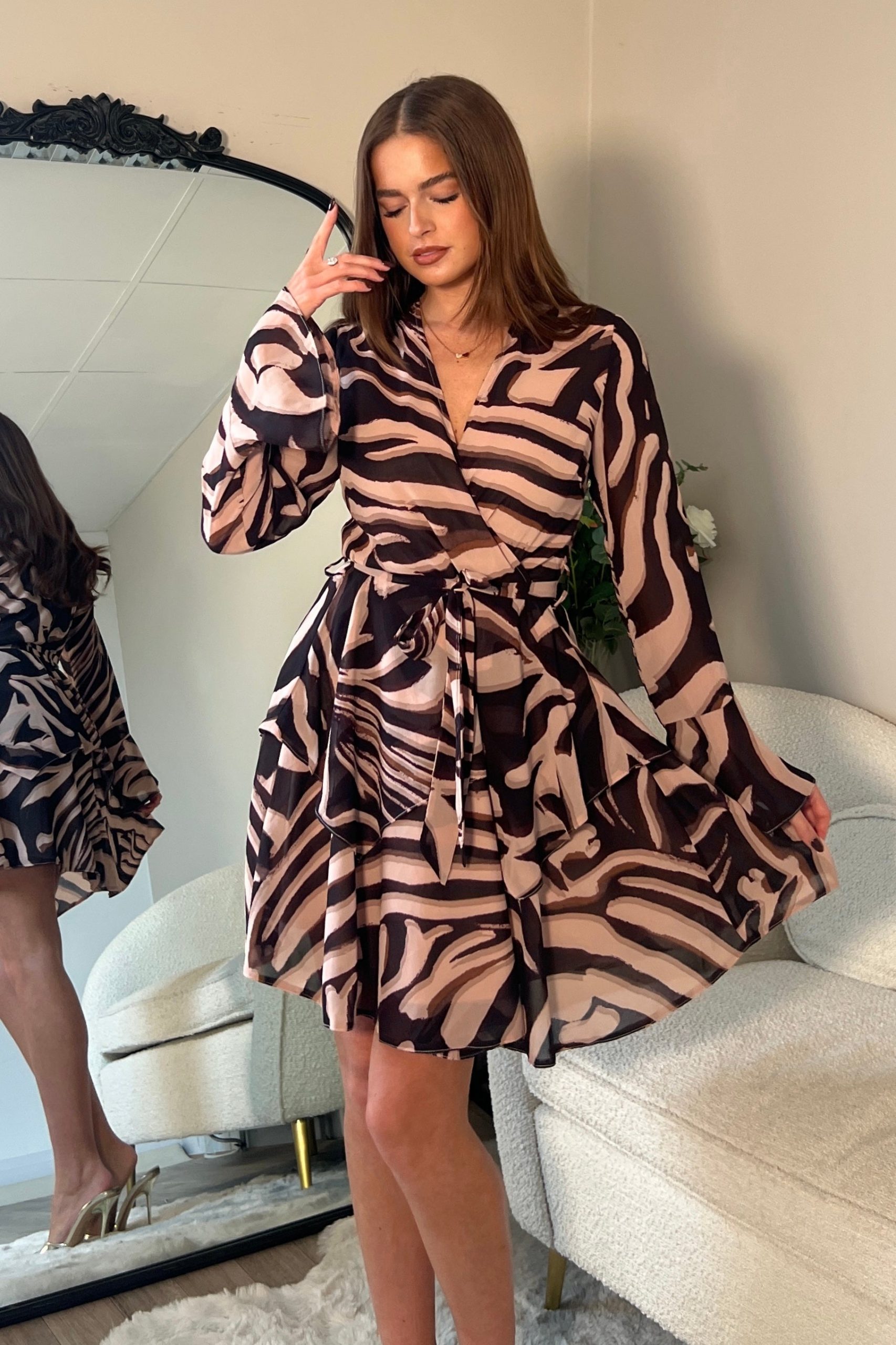 Susie Tiered Skirt Flared Sleeve Mini Dress Brown Zebra