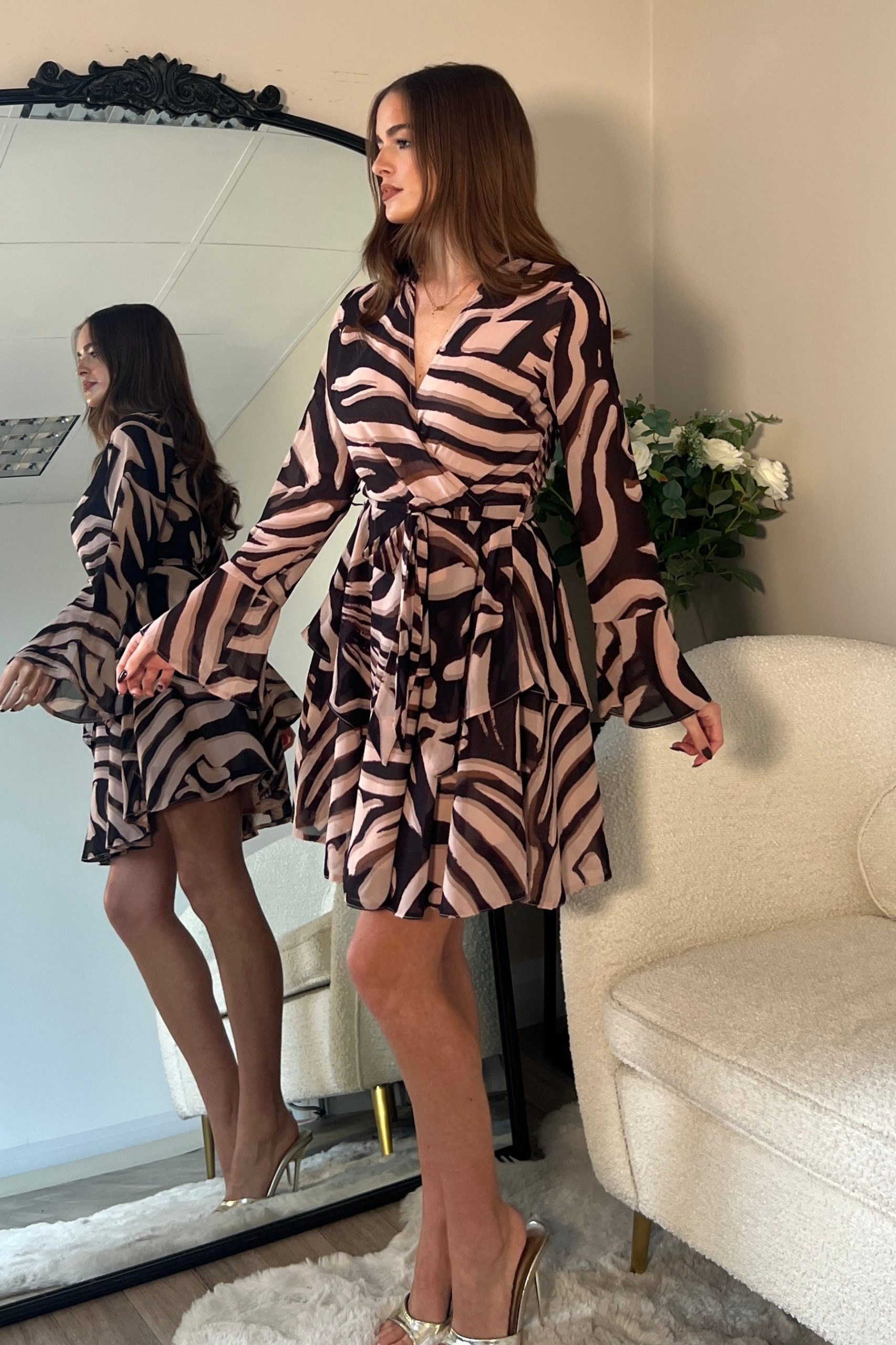 Susie Tiered Skirt Flared Sleeve Mini Dress Brown Zebra - Image 4