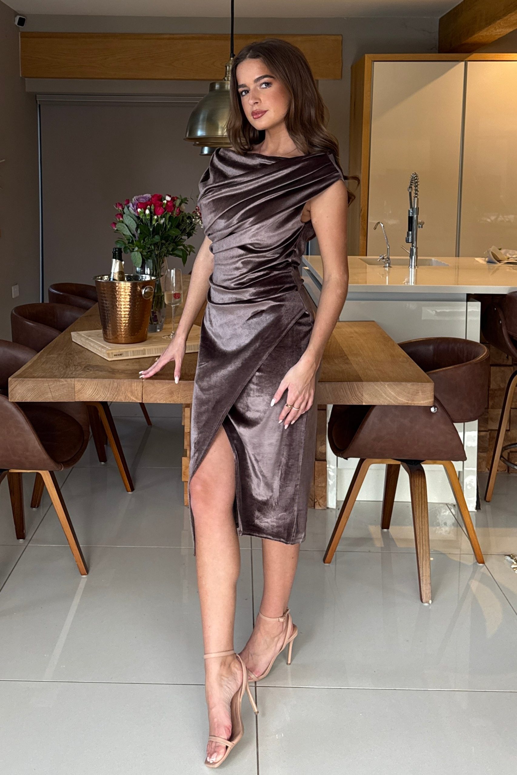 Ariana Asymmetric Chocolate Velvet Midi Dress - Image 5